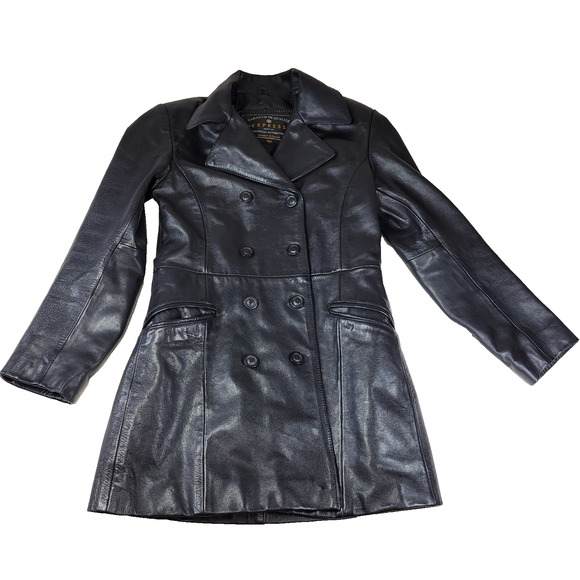 Express Garantie De Qualite Womens Sz Small Jacket Black Leather Coat Buttons - Picture 1 of 16